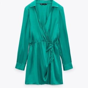 Zara Emerald Green Long Sleeve Satin Dress